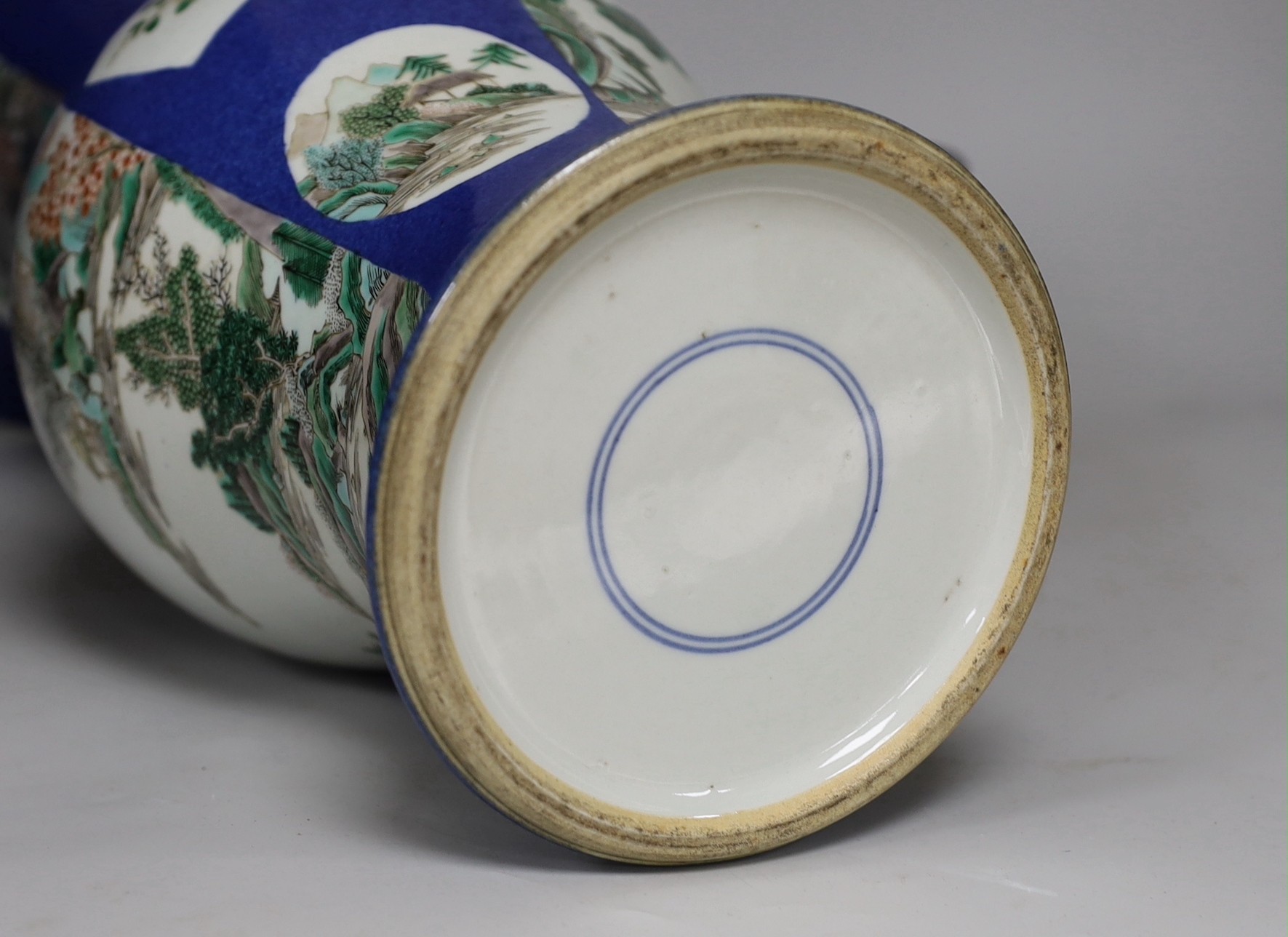 A Chinese famille verte powder blue yen-yen vase, on wooden stand, 58cms high, including stand